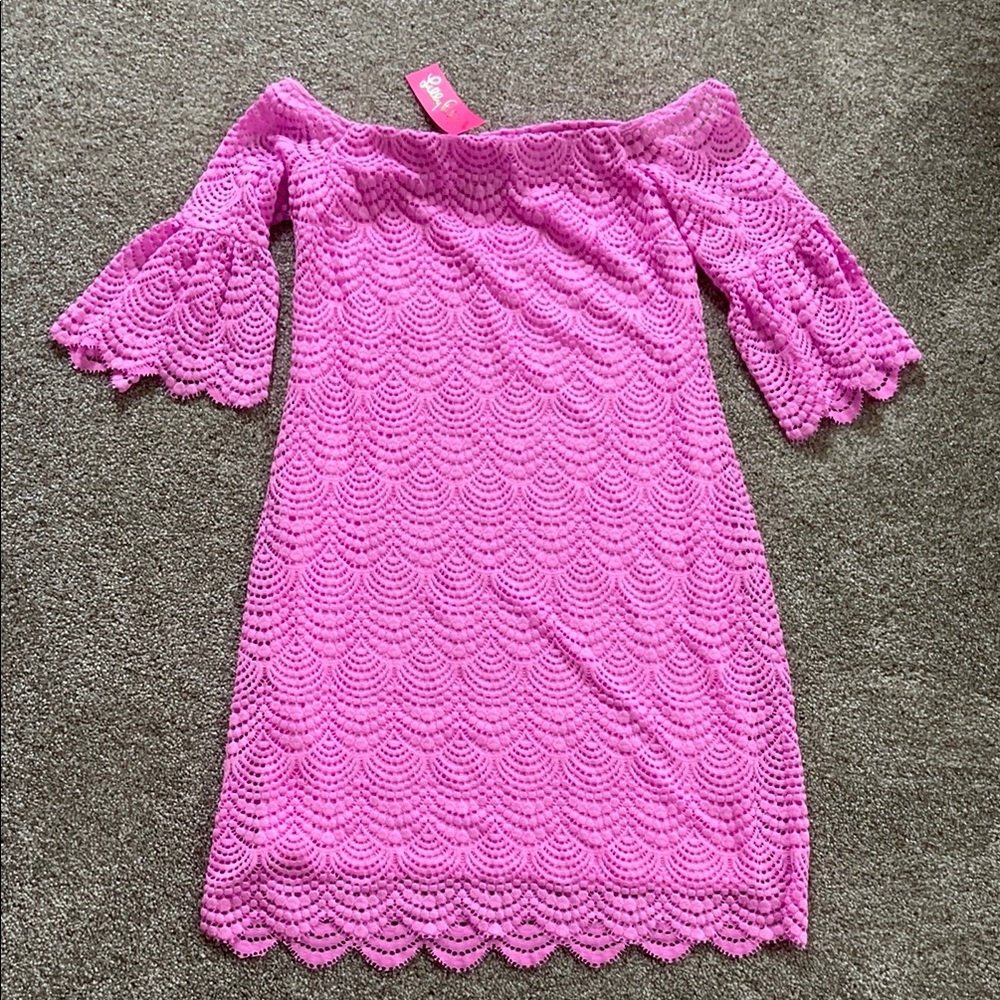 Pink Off-Shoulder Lace Dress